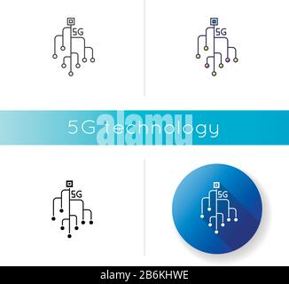5G chip icon. Microchip, microcircuit. Mobile cellular network. Wireless technology. Fast connection. Linear black and RGB color styles. Isolated Stock Vector