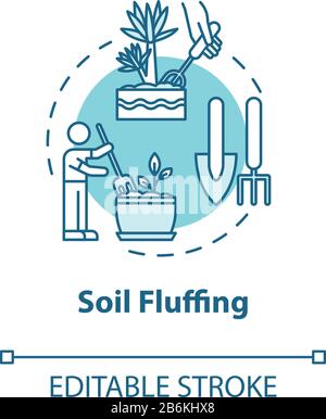 Soil fluffing concept icon. Indoor flowers concern. Houseplants caring. Potted ground loosen idea thin line illustration. Vector isolated outline RGB Stock Vector