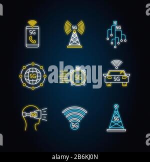 5G wireless technology neon light icons set. Cell tower, improved phone calls. VR headset. Fast connection. Mobile network. Signs with outer glowing Stock Vector