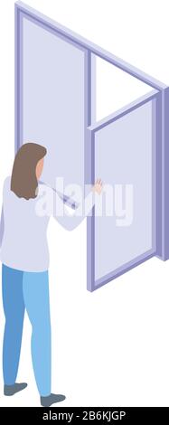 Woman check window after installation icon, isometric style Stock Vector