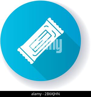 Chocolate bar blue flat design long shadow glyph icon. Protein snack package. Wrapped candy, sweet nourishment. Takeaway food pack. Sugar sachet Stock Vector