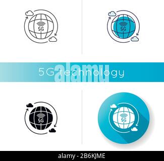 5G wireless technology icon. Global standard. Cloud computing. Mobile cellular network coverage. Linear black and RGB color styles. Isolated vector Stock Vector