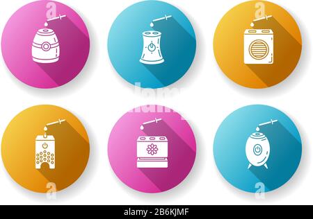 Air purifiers with oils flat design long shadow glyph icons set. Climate devices, air fragrances, humidifiers, household appliances, humidity Stock Vector