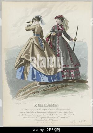 An explosion of fashion magazines Les Modes Parisiennes, 1866, No. 1227 Toilets Campaign Two women, of whom: one seen from behind, standing on a mountaintop in costumes walking the countryside (ensembles campaign) of Pif Fort. . One woman looking through binoculars, the other has a walking stick in hand. Under the picture a few lines of text advertising for various products. Print out the fashion magazine Les Modes Parisiennes (1843-1885) . Manufacturer : printmaker: Carracci (listed property) to drawing: Francois Claudius Compte-Calix (listed building) printer: Moine (listed building) printer Stock Photo