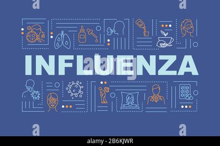 Influenza word concepts banner. Lung pain. Respiratory problem. Cough syrup. Infographics with linear icons on deep blue background. Isolated Stock Vector