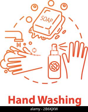 Hand washing concept icon. Antibacterial cleaning. Sanitary and safety. Rinsing with water. Using soap. Hygiene idea thin line illustration. Vector Stock Vector