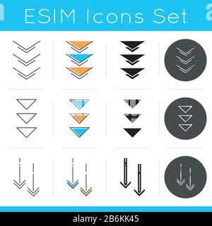 Down arrows icons set. Double arrowhead in circle. Scrolldown buttons. Arrows interface navigation buttons. Website page cursor. Linear, black and RGB Stock Vector