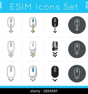 Scrolling down icons set. Computer mouse and arrowheads buttons. Moving arrows. Cursor and download indicators. Way direction. Linear, black and RGB Stock Vector