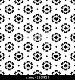 Black and white poker chips seamless pattern. Monochrome casino chip with card suits hearts, spades, diamonds, clubs print on white background. Vector Stock Vector