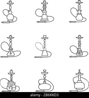 Hookah pixel perfect linear icons set. Shisha with wire. Sheesha house. Nargile lounge. Smoking area. Customizable thin line contour symbols. Isolated Stock Vector