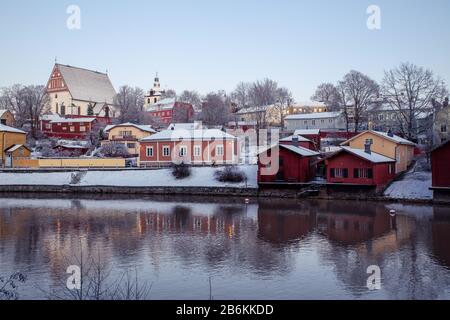 Porvoo, Finland - 10.12.2019: Riverside View Over Old Historic Centre of Porvoo and Medieval Cathedral Stock Photo