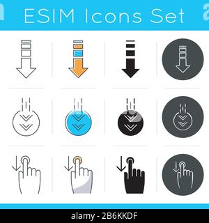 Scrolldown icons set. Swipe down indicators for smartphone touchscreen. Arrows mobile app interface navigational buttons. Linear, black and RGB color Stock Vector