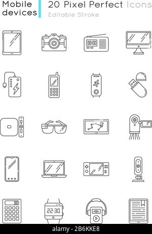 Mobile devices pixel perfect linear icons set. Laptop, computer. E-readers. Pocket digital tools. Customizable thin line contour symbols. Isolated Stock Vector