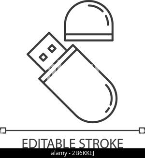 USB flash drive pixel perfect linear icon. Compact data storage device. Memory stick. Thumb drive. Thin line customizable illustration. Contour symbol Stock Vector