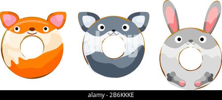 Cute animals fox, wolf, hear donuts set vector illustration Stock Vector