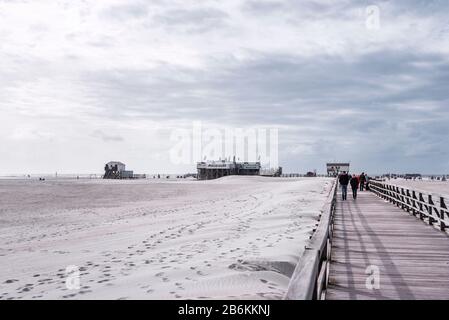 Pier with stilted houses, restaurant Arche Noah, Sankt Peter-Ording, Schleswig-Holstein, Germany, Europe Stock Photo