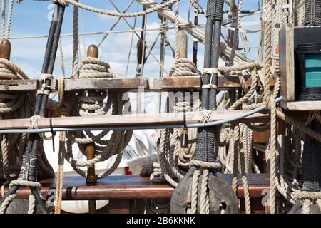 Details of Rig and Blocks on Old Sailing Ship Stock Photo