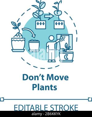 Dont move plants concept icon. Floriculture tip. Houseplants caring. Flowers acclimatization idea thin line illustration. Vector isolated outline RGB Stock Vector