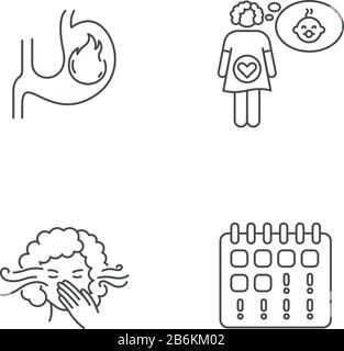 Early pregnancy symptom pixel perfect linear icons set. Heartburn in stomach. Feeling pregnant. Customizable thin line contour symbols. Isolated Stock Vector