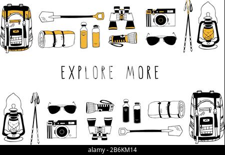 Vector set of hand drawn elements isolated on white. Backpack, rolled camping bed, reusable bottles, flashlight, shovel, binoculars, sunglasses, storm Stock Vector
