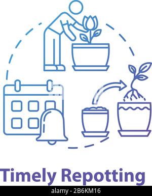 Timely repotting concept icon. Houseplants concern. Indoor flowers caring. Regular replanting herbs idea thin line illustration. Vector isolated Stock Vector