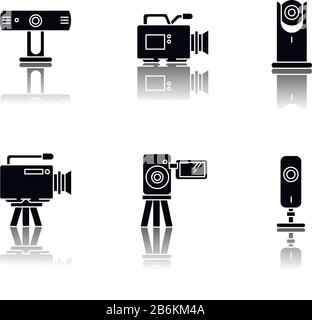 Webcams drop shadow black glyph icons set. Digital video cameras. Online chatting, conference. Surveillance. Portable recording gadgets. Mobile Stock Vector