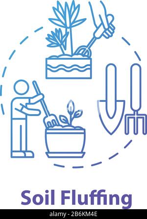 Soil fluffing concept icon. Houseplants caring. Indoor flowers concern. Potted ground loosen idea thin line illustration. Vector isolated outline RGB Stock Vector
