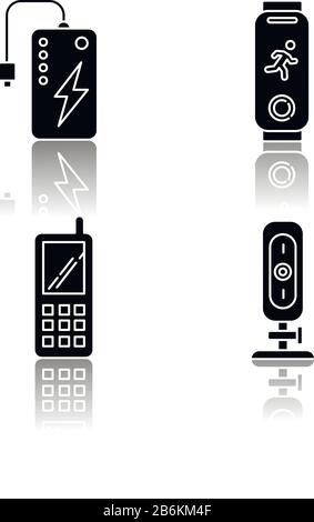 Mobile devices drop shadow black glyph icons set. Pocket electronic gadgets. Smart technology. Powerbank. Fitness tracker. Cell phone, web camera Stock Vector