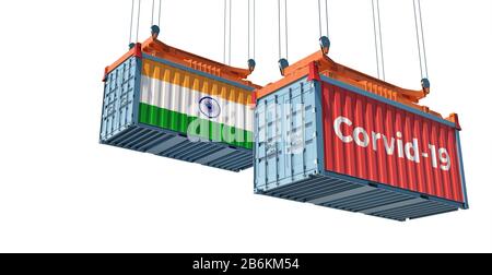 Container with Coronavirus Corvid-19 text on the side and container with India Flag. Concept of international trade spreading the Corona virus. Stock Photo