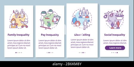 Gender inequality onboarding mobile app page screen with concepts. Women discrimination and sexism walkthrough 4 steps graphic instructions. UI vector Stock Vector