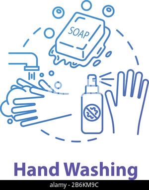 Hand washing concept icon. Liquid foam for sanitary and safety. Rinsing with water. Cleaning with soap. Hygiene idea thin line illustration. Vector Stock Vector
