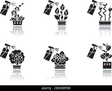 Indoor gardening tools and materials drop shadow black glyph icons set. Garden inventory. Houseplant caring equipment. Looking after domesticated Stock Vector