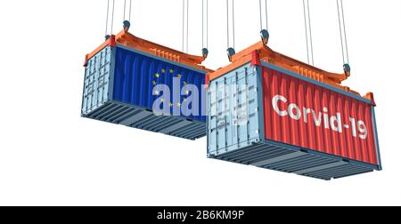 Container with Coronavirus Corvid-19 text on the side and container with European Flag. Concept of international trade spreading the Corona virus. Stock Photo