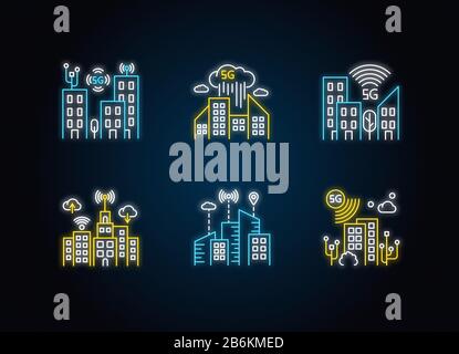 5G smart city neon light icons set. Urban intelligence. Mobile cellular network coverage. Wireless technology. Signs with outer glowing effect. Vector Stock Vector