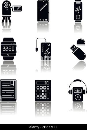 Mobile devices drop shadow black glyph icons set. Pocket electronic gadgets. Smart technology. Powerbank, smartphone, video camera. Flash drive Stock Vector