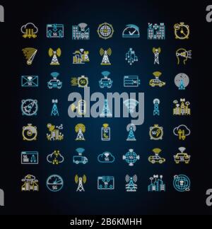 5G wireless technology neon light icons set. World standard. Improved internet signal. Mobile cellular network. Signs with outer glowing effect Stock Vector