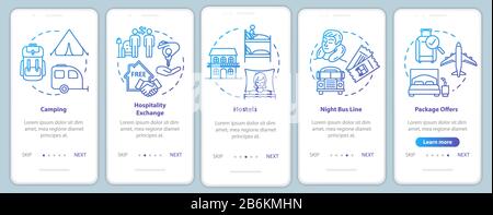 Overnight stay onboarding mobile app page screen with concepts. Camping. Cheap accommodations. Budget travel walkthrough five steps graphic Stock Vector