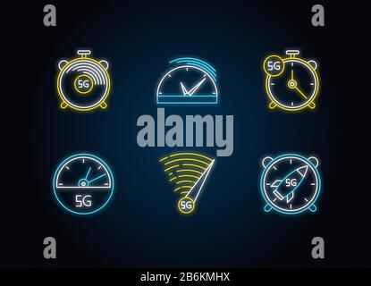 5G fast speed connection neon light icons set. Stop-watches, speedometer. Mobile cellular network. Low latency Internet access. Signs with outer Stock Vector
