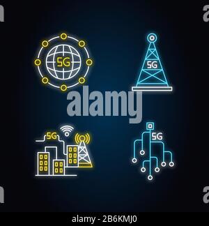 5G cell tower neon light icon. Wireless technology. Fast connection ...