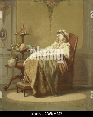 A nap, SK-A-4693 The afternoon nap. An old woman asleep, sitting in an armchair next to a china-cabinet-tafel. Manufacturer : painter: Alexander Hugo Bakker Korff manufacture Place: Netherlands Date: 1866 Physical characteristics: oil on panel material: panel oil Dimensions: support: h 14 cm. B × 11.7 cm. external dimensions: d 9 cm. (Carrier including Sk-L-6459.)  Subject: sleeping rooms in chairold womancommunal Stock Photo