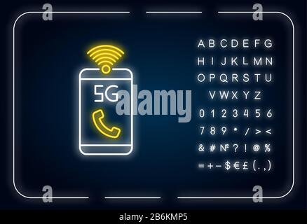 5G mobile network neon light icon. Improved standard for phone calls, voice messages. Outer glowing effect. Sign with alphabet, numbers and symbols Stock Vector