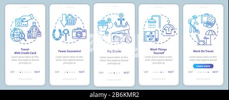 Travel tips onboarding mobile app page screen with concepts. Credit card advantages. Money saving tourism walkthrough five steps graphic instructions Stock Vector