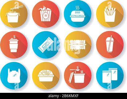 Takeaway food packages flat design long shadow glyph icons set. Take out meal containers, boxes for delivery. Noodles, bucket of chicken wings, french Stock Vector