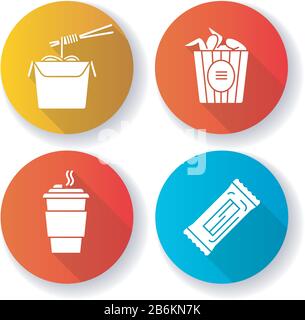 Takeaway food flat design long shadow glyph icons set. Bucket of chicken wings, chinese noodles, coffee to go and snack bar. Take away meal menu Stock Vector