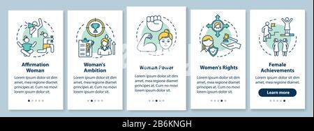 Women power onboarding mobile app page screen with concepts. Female rights and achievements walkthrough 5 steps graphic instructions. UI vector Stock Vector