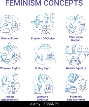 Feminism blue concept icons set. Discrimination. Gender equality. Woman power. Feminist movement. Womens rights idea thin line RGB color illustrations Stock Vector