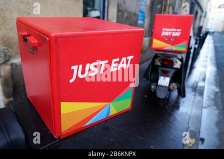 Bordeaux , Aquitaine / France -  01 04 2019 : Just Eat logo sign delivery scooter vehicle motorbike Stock Photo