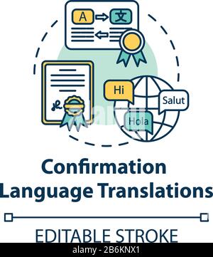 Confirmation language translations concept icon. Professional interpreter work. Legal document. Notary service idea thin line illustration. Vector Stock Vector