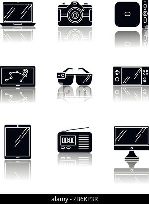 Mobile devices drop shadow black glyph icons set. Pocket electronic gadgets. Smart technology. Tablet, laptop, computer. Navigator, smartglasses Stock Vector