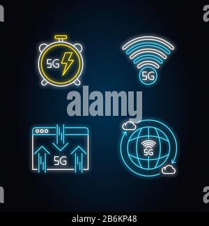 5G technology neon light icons set. Mobile network. Fast Internet ...
